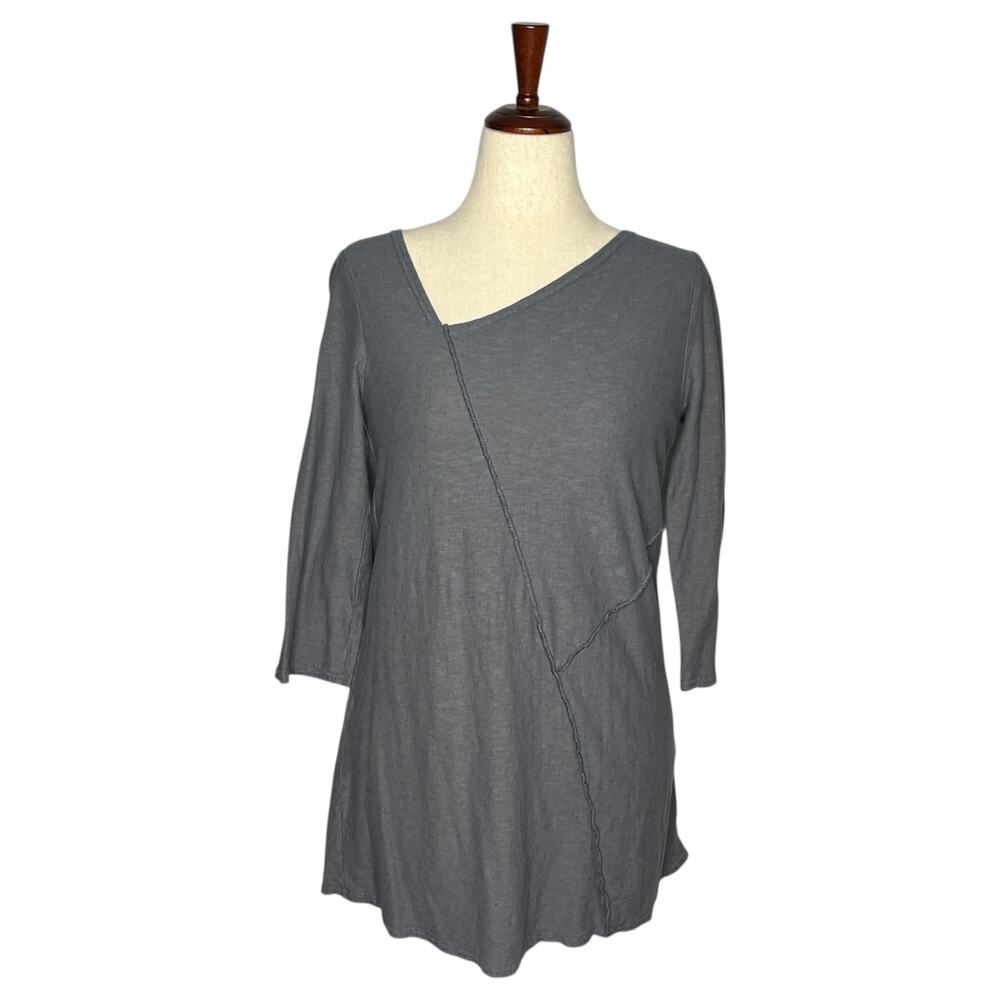 Cut Loose Tunic Top Womens S Gray Asymmetric V-Neck Made in USA Linen Blend